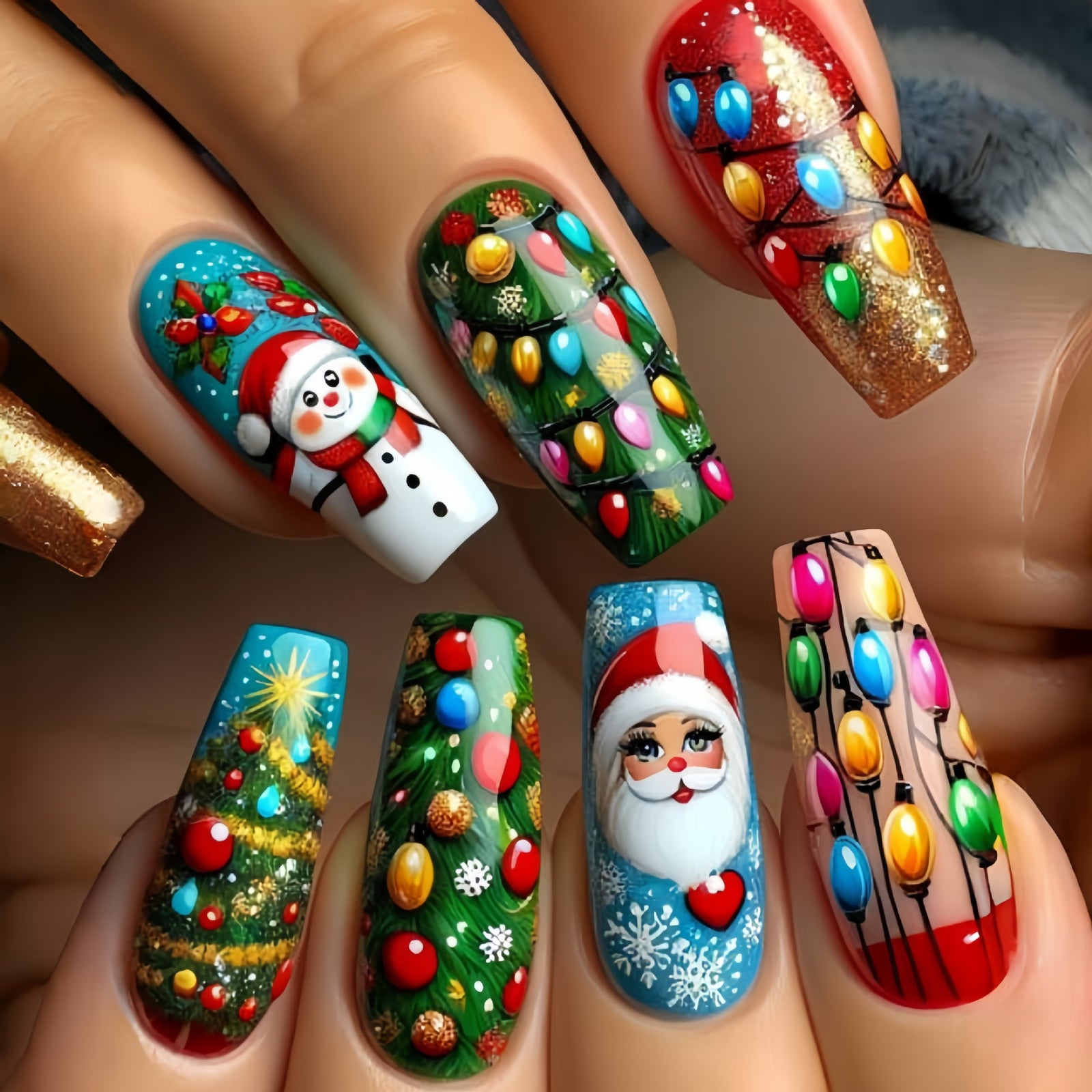 24pcs/Set Christmas Santa, Snowman, Snowflake & Tree Press-On Nails