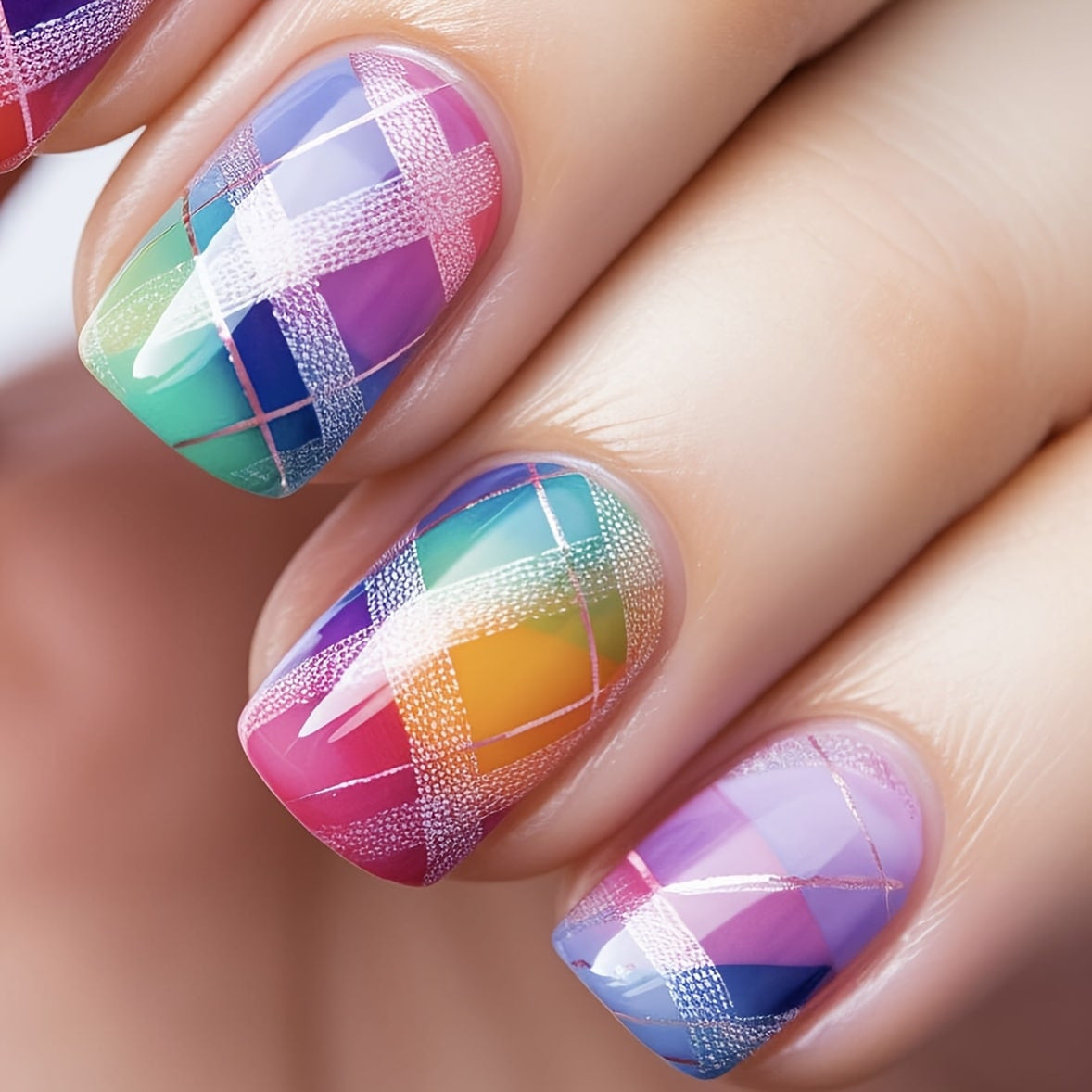 24pcs/Set Short Square Cute Colorful Checkerboard Press-On Nails