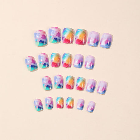 24pcs/Set Short Square Cute Colorful Checkerboard Press-On Nails