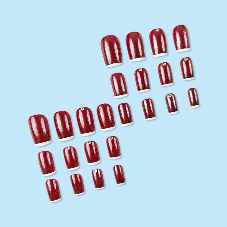 24pcs/Set Wine Red Base with Solitaire Diamond French Press-On Nails