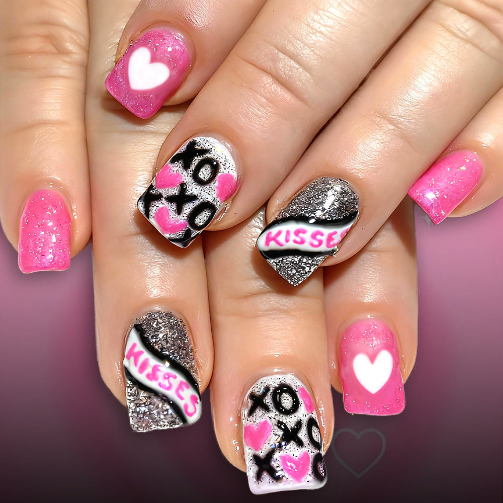 24pcs/Set Short Valentine Heart with Silver Glitter Press On Nails