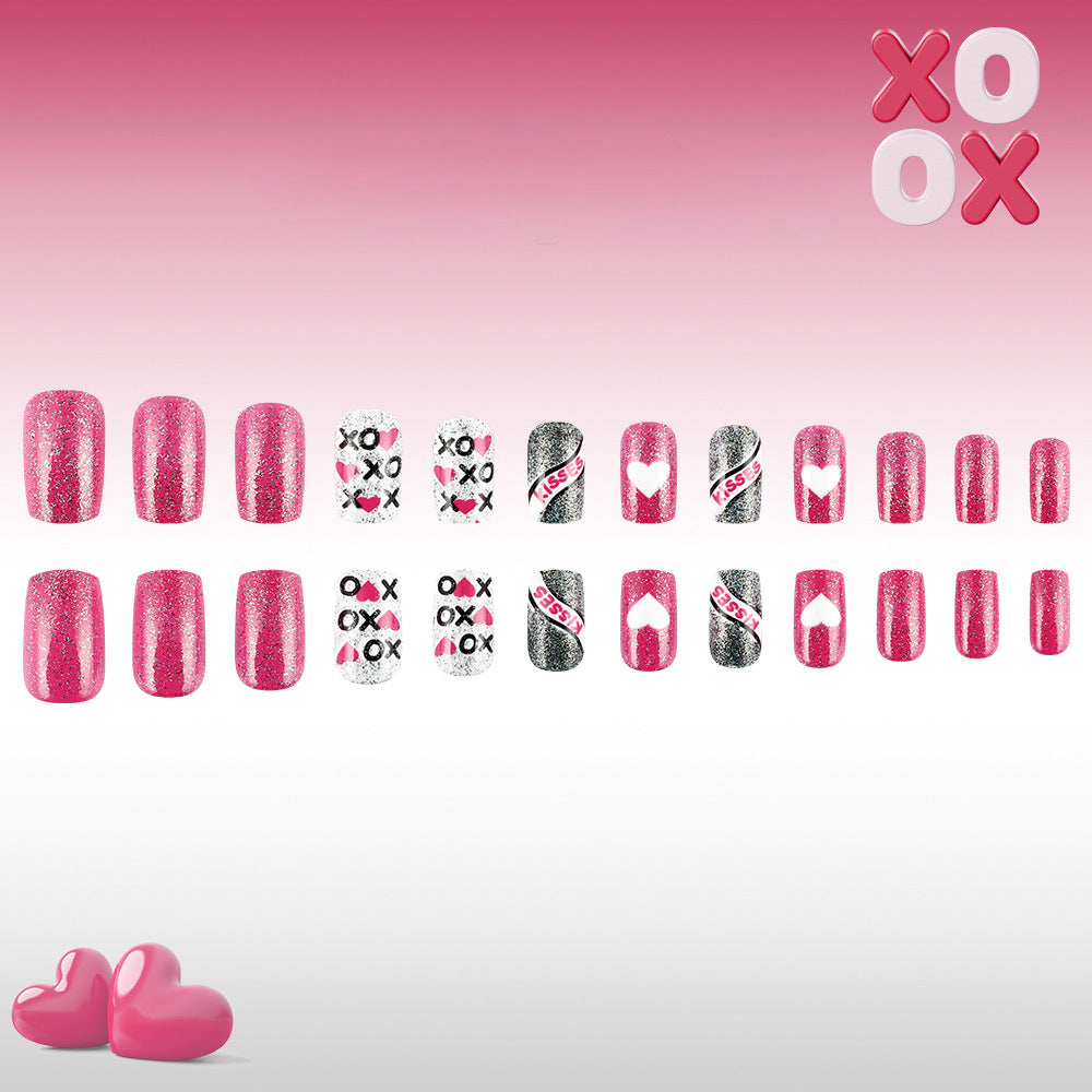 24pcs/Set Short Valentine Heart with Silver Glitter Press On Nails