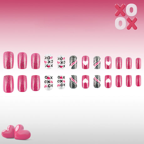 24pcs/Set Short Valentine Heart with Silver Glitter Press On Nails