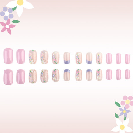 24pcs/Set Simple Pink Floral Polka Dot French Style Press-On Nails