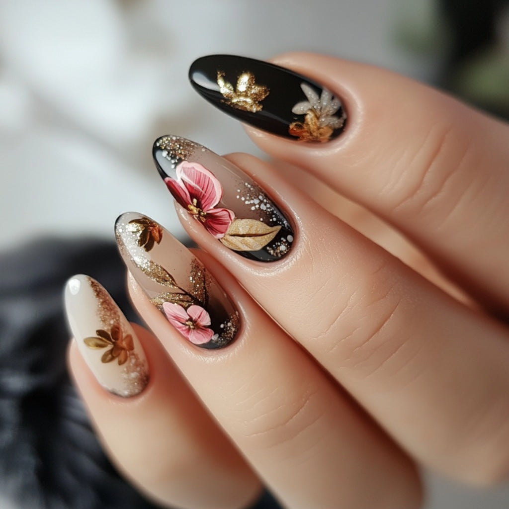 24pcs/Set Golden Leaves & Pink Flowers Press-On Nails