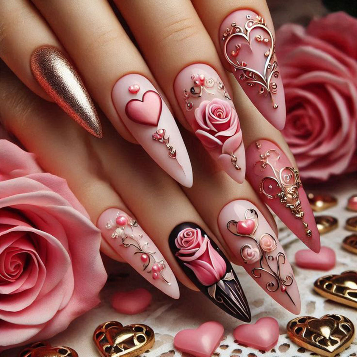 24pcs/Set Pink Rose & Heart Valentine‘s Day Press-On Nails