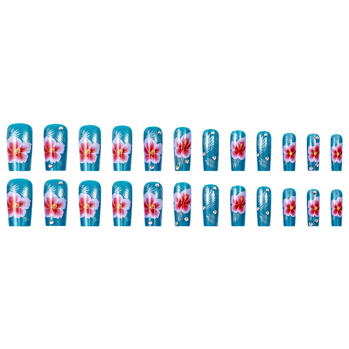 24pcs/Set Blue Background with Pink Flowers Press-On Nails