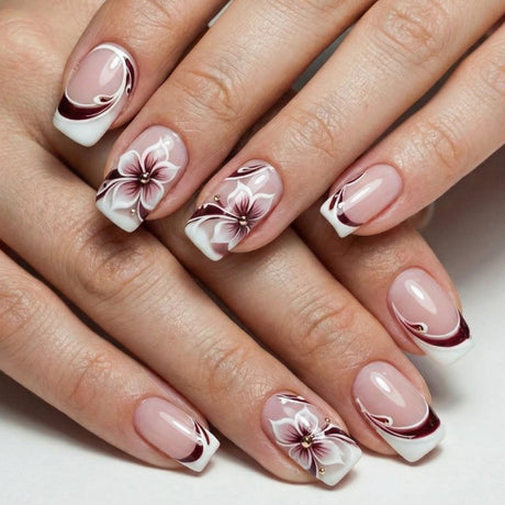 24pcs/Set Blurred Brown Floral French Tip Press-On Nails