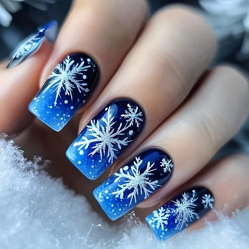 24pcs/Set Christmas Blue Gradient Snowflakes Press-On Nails