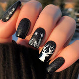 24pcs/Set Christmas Black Background with White Snowflakes & Reindeer Press-On Nails