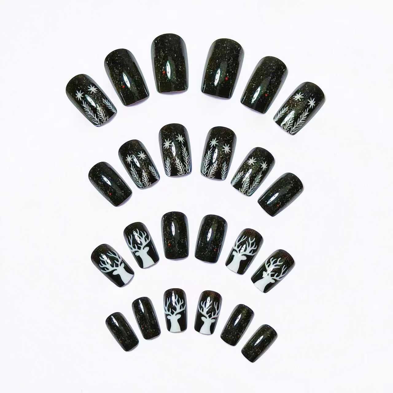 24pcs/Set Christmas Black Background with White Snowflakes & Reindeer Press-On Nails