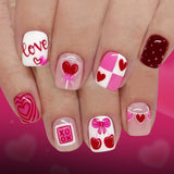 24pcs/Set Short Valentine Pink Balloon, Heart, Polka Dots & Cherry Press-On Nails