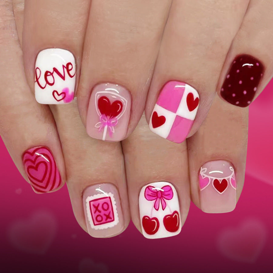 24pcs/Set Short Valentine Pink Balloon, Heart, Polka Dots & Cherry Press-On Nails