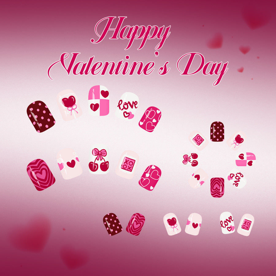 24pcs/Set Short Valentine Pink Balloon, Heart, Polka Dots & Cherry Press-On Nails
