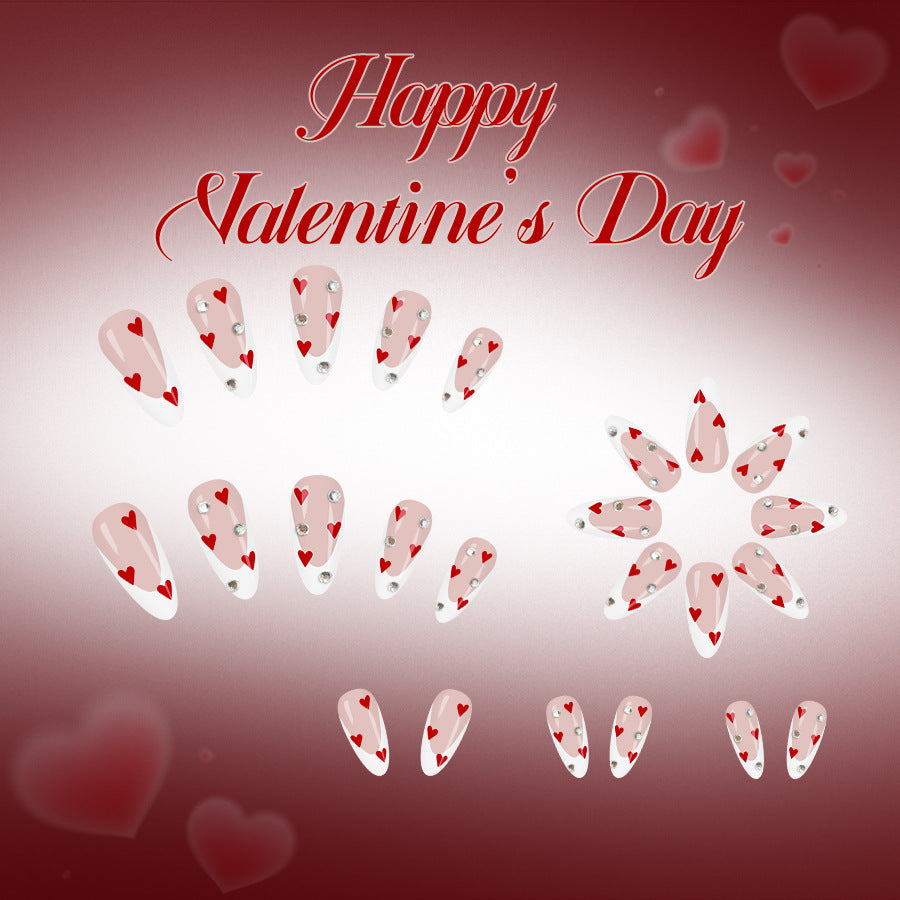 24pcs/Set Valentine's White Stiletto French with Red Heart & Crystals Press-On Nails