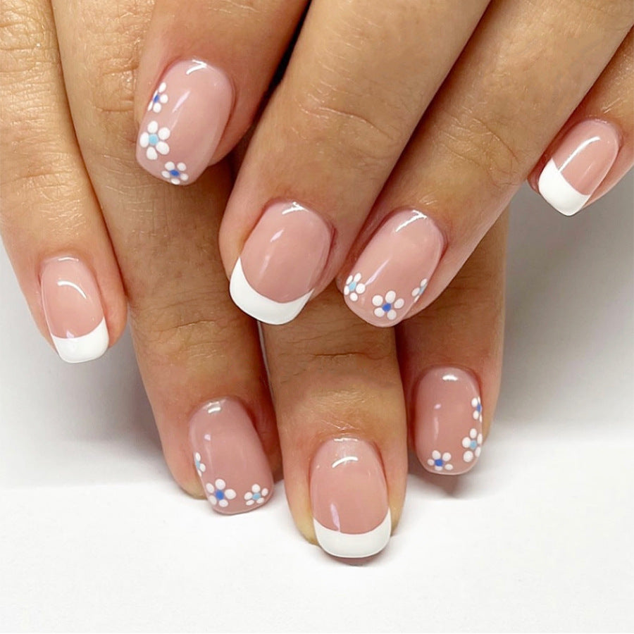 24pcs/Set Short Nude-White French with Minimalist Floral Press-On Nails