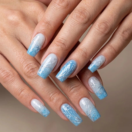 24pcs/Set Icy Blue Clear Tone with Silver Glitter Lines Press-On Nails
