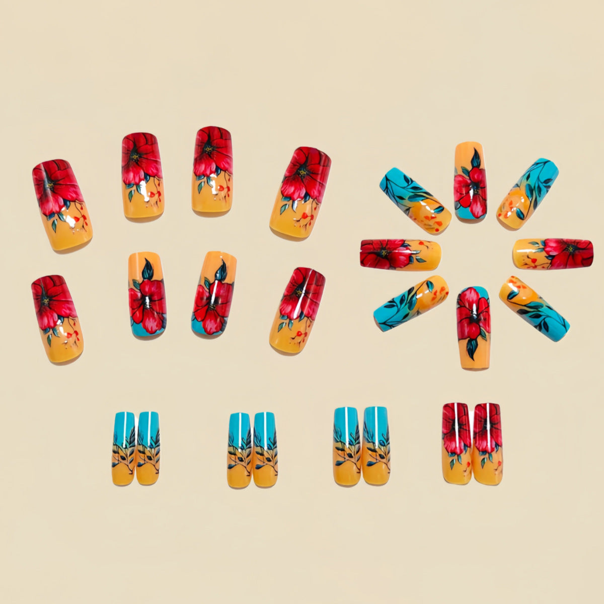 24pcs/Set Red Floral Blue French Press-On Nails