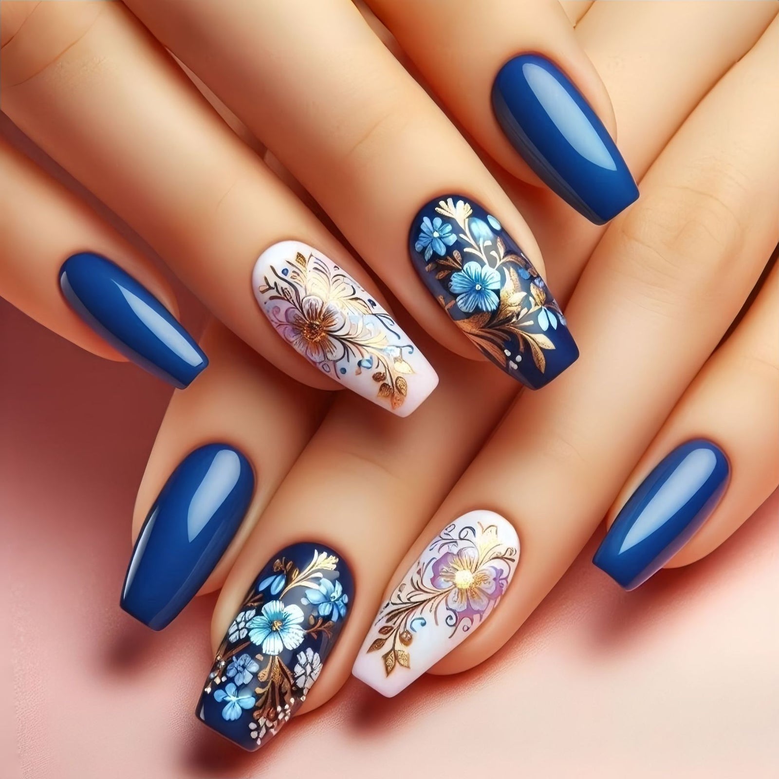 24pcs/Set Blue & Gold Flowers Press-On Nails