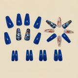 24pcs/Set Blue & Gold Flowers Press-On Nails