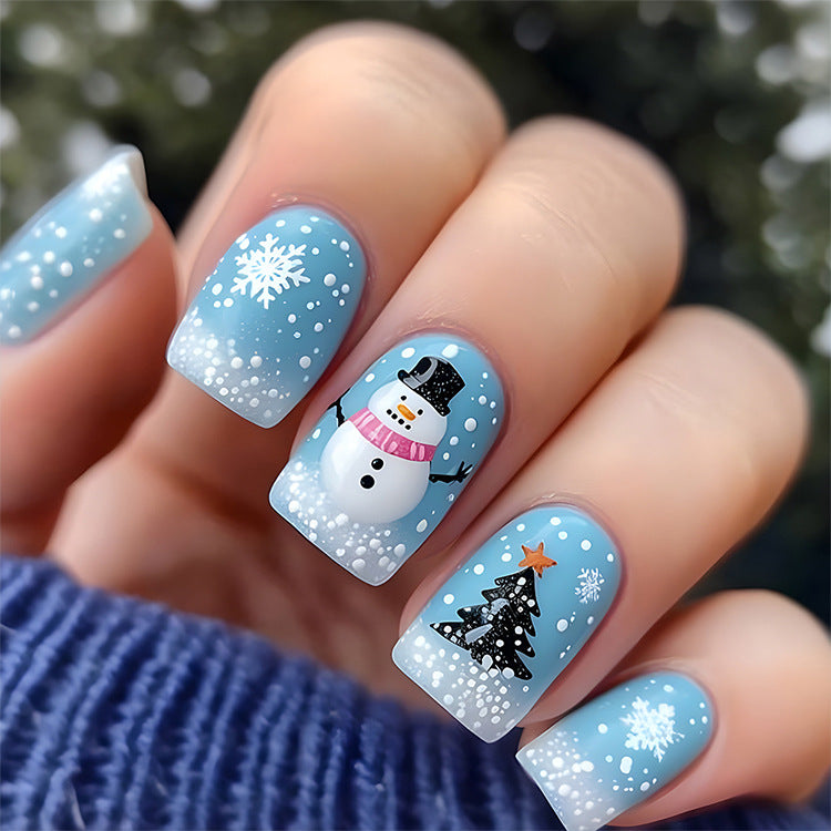 24pcs/Set Christmas 3D Snowman, Snowflake & Tree in Blue Press-On Nails