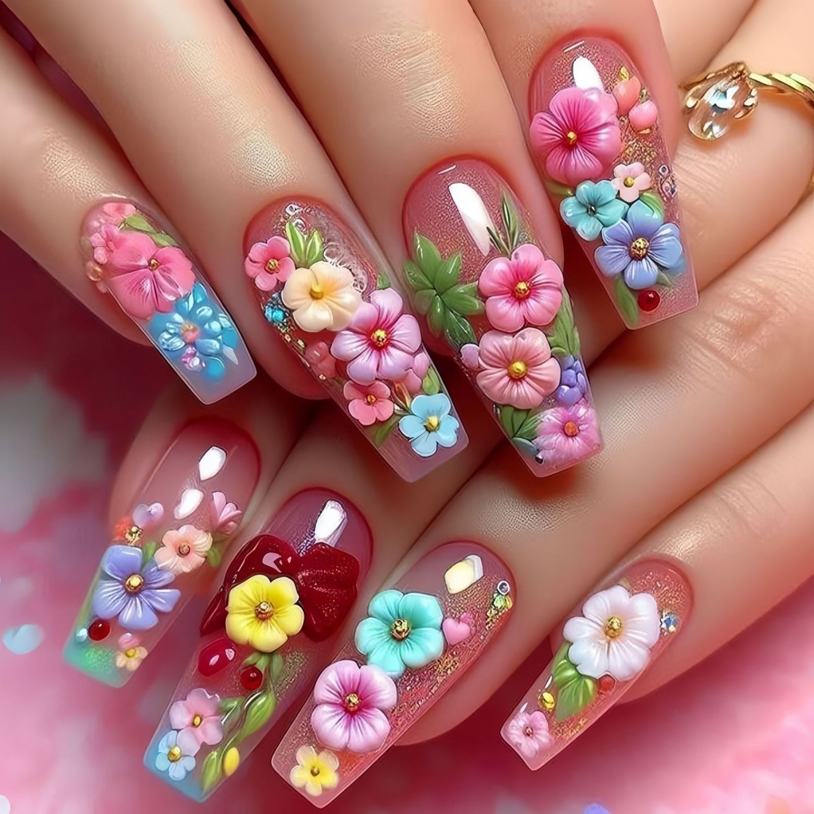 24pcs/Set Pink Flowers Press-On Nails