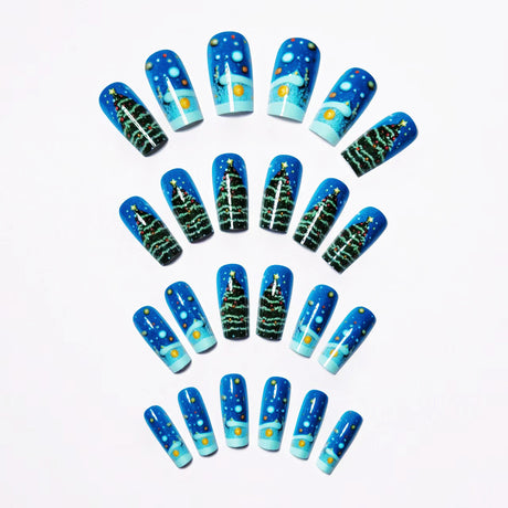 24pcs/Set Blue Background with Green Christmas Tree Press-On Nails