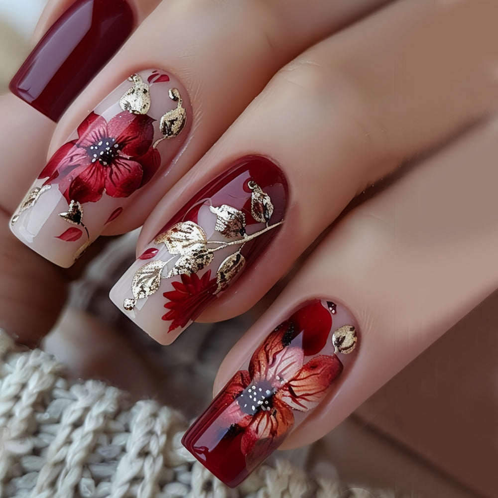 24pcs/Set Red Floral Leaf Stripe Press-On Nails