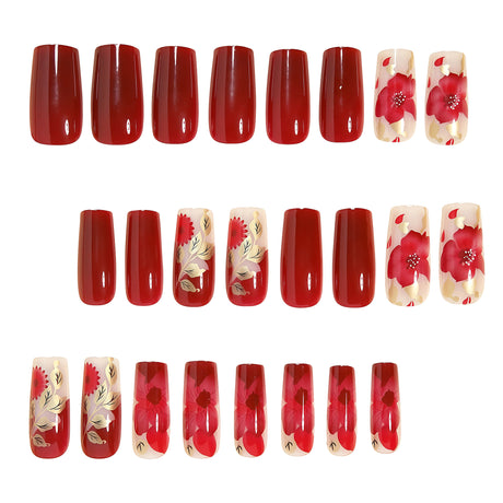 24pcs/Set Red Floral Leaf Stripe Press-On Nails