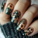 24pcs/Set Gold Floral Maple Stripe Press-On Nails