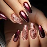 24pcs/Set Wine Red & Gold Floral Stripe Press-On Nails
