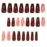 24pcs/Set Wine Red & Gold Floral Stripe Press-On Nails