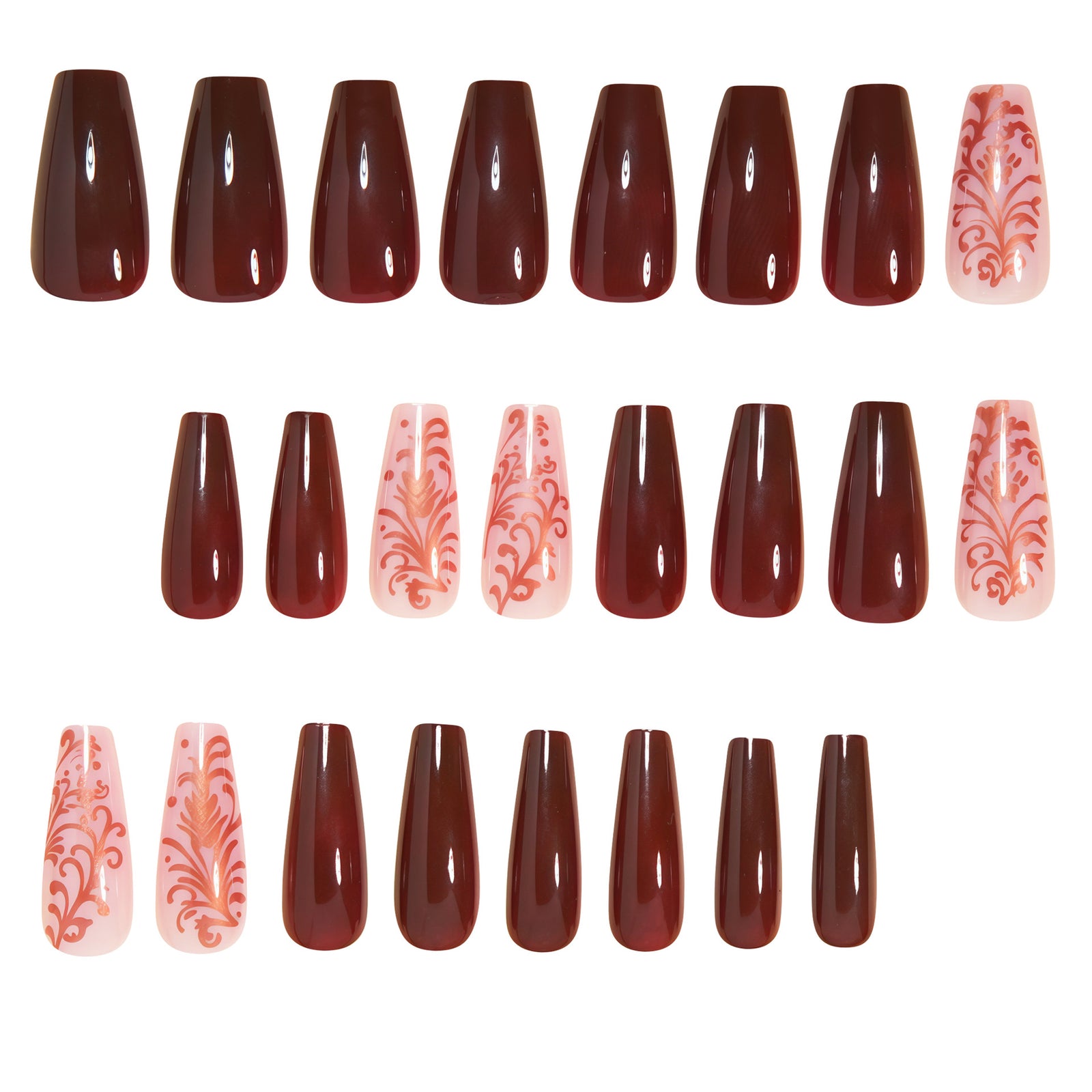 24pcs/Set Wine Red & Gold Floral Stripe Press-On Nails