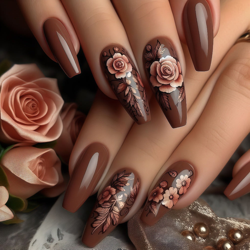 24pcs/Set Autumn-Winter Dark Brown Flowers Press-On Nails