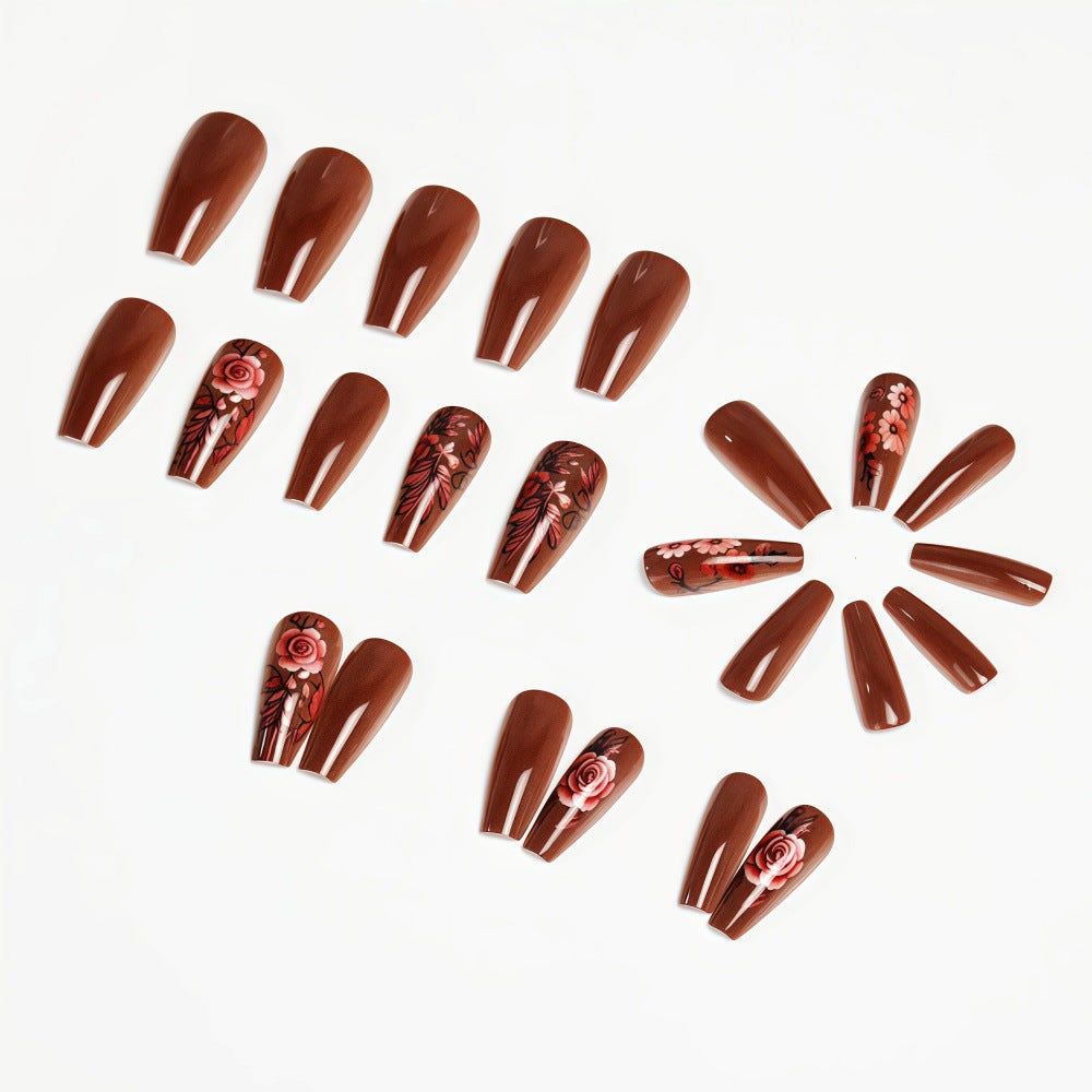 24pcs/Set Autumn-Winter Dark Brown Flowers Press-On Nails