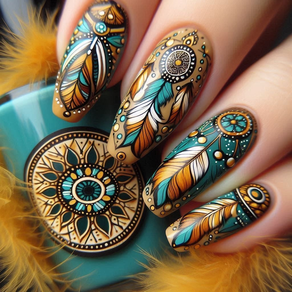 24pcs/Set Bohemian Mandala Pattern Feather Press-On Nails