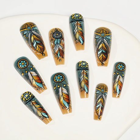 24pcs/Set Bohemian Mandala Pattern Feather Press-On Nails