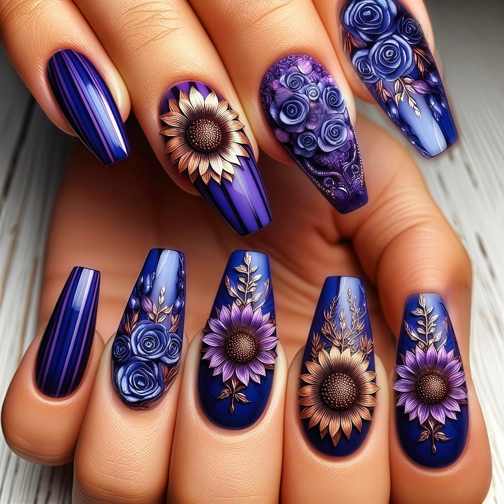24pcs/Set Sunflower & Blue Rose Press-On Nails