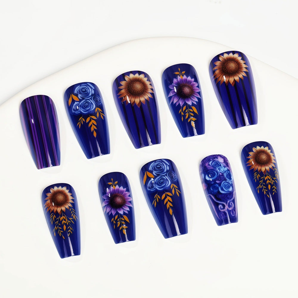 24pcs/Set Sunflower & Blue Rose Press-On Nails