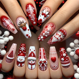 24pcs/Set Christmas White French with Snowflake, Snowman & Reindeer Press-On Nails