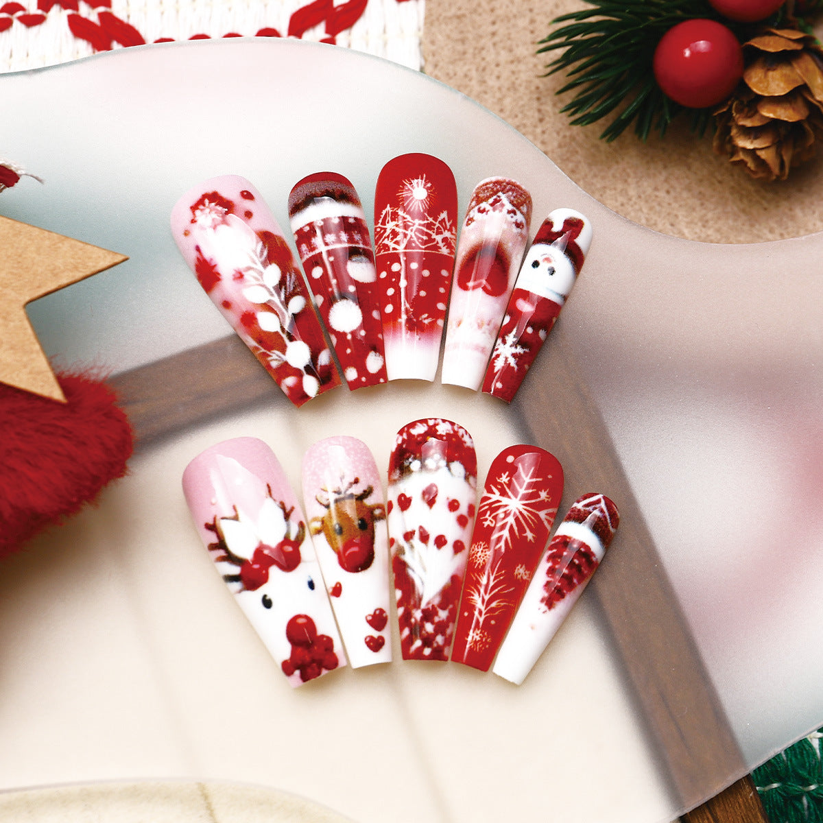 24pcs/Set Christmas White French with Snowflake, Snowman & Reindeer Press-On Nails