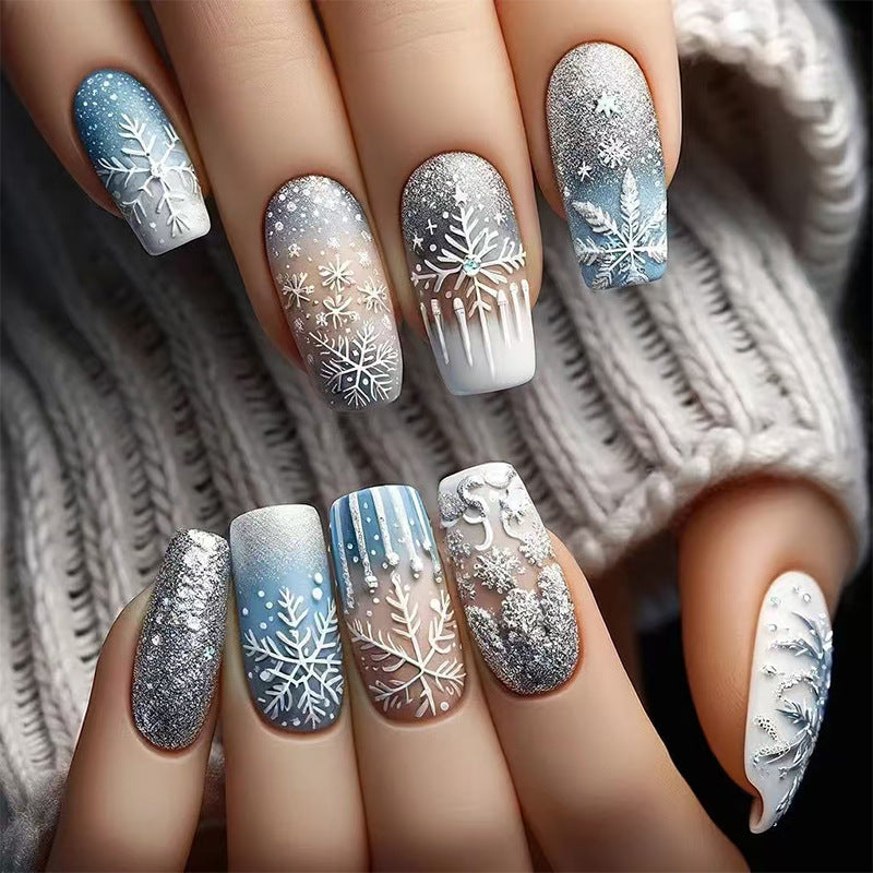 24pcs/Set Christmas Blue Embossed Gradient Snowflake Matte Press-On Nails