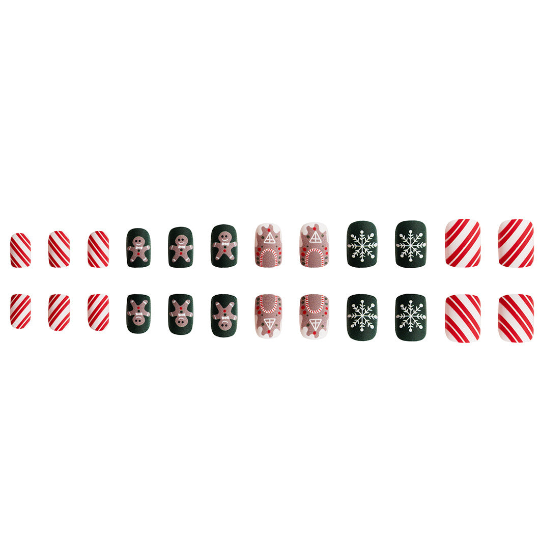 24pcs/Set Short Matte Christmas Gingerbread Man, Snowflake & Stripe Press-On Nails