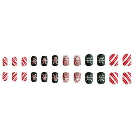 24pcs/Set Short Matte Christmas Gingerbread Man, Snowflake & Stripe Press-On Nails
