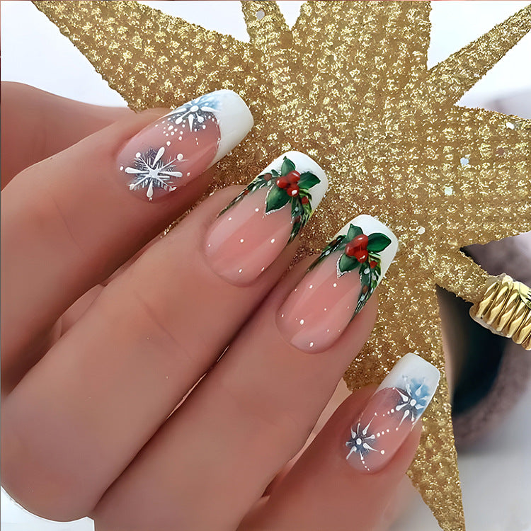 24pcs/Set Christmas White Edge French with Firework & Snowflake Press-On Nails