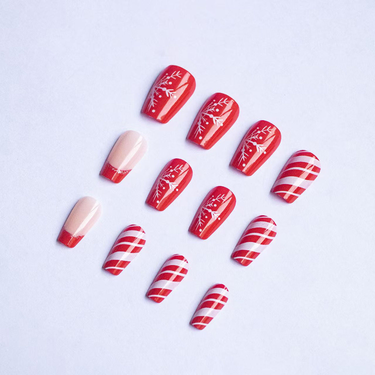 24pcs/Set Christmas Red French Stripe with Snowflakes Press-On Nails