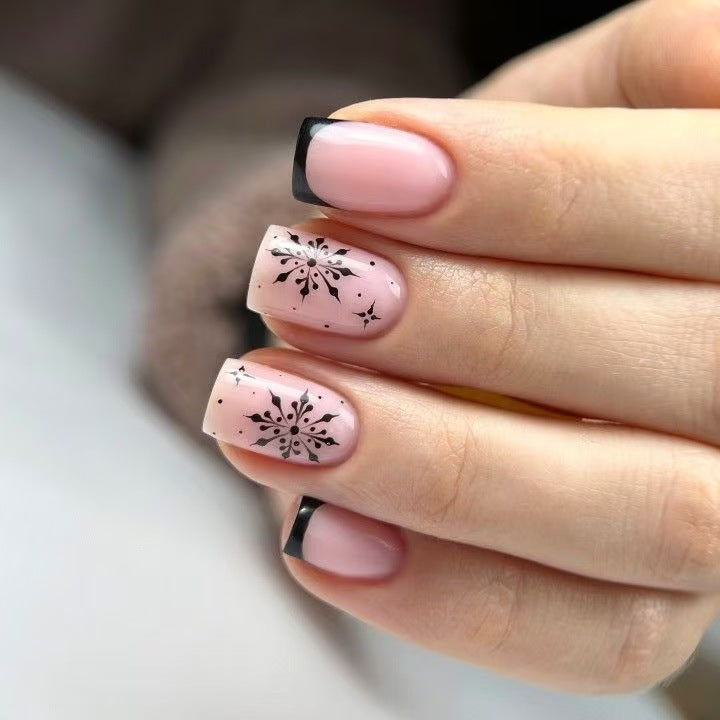 24pcs/Set Christmas Black French Snowflake Press-On Nails