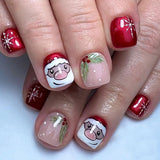 24pcs/Set Short Christmas Cute Cartoon Santa & Snowflakes Press-On Nails