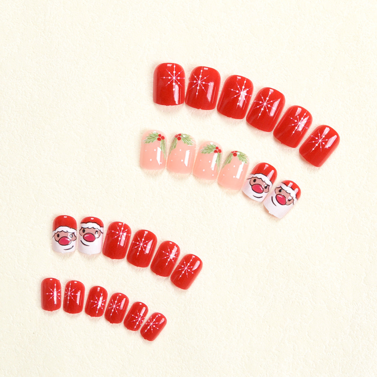 24pcs/Set Short Christmas Cute Cartoon Santa & Snowflakes Press-On Nails