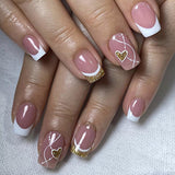 24pcs/Set Short Valentine's White French Line with Gold Glitter Heart Press-On Nails